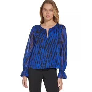 DKNY Womens Metallic Ruffle Blouse XS Deep Cobalt Blue Print Split Neck NWT